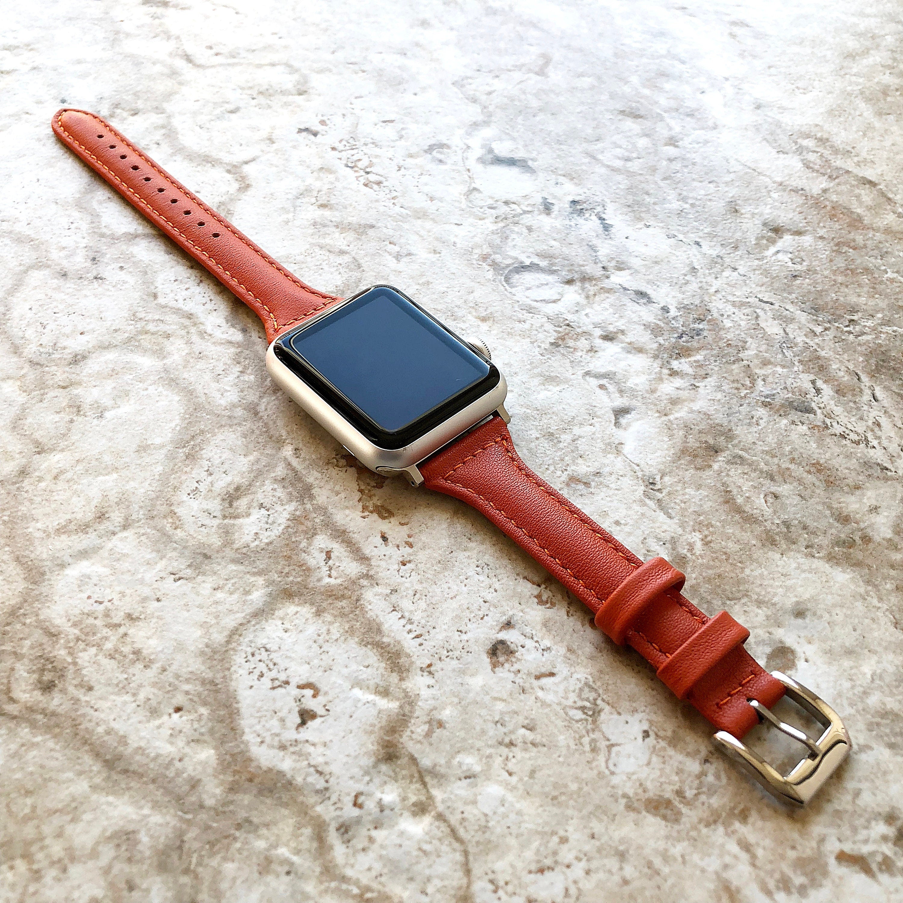 Apple Dark Orange Color Band for iWatch Ultra 2 49mm and 9 8 Series 41mm 45mm Case Slim Elegant Handmade Soft Leather Straps Bracelet